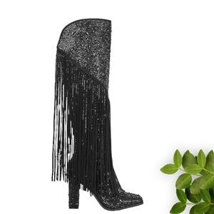 Women's Knee-High Rhinestone Fringe Black Cowboy Boots